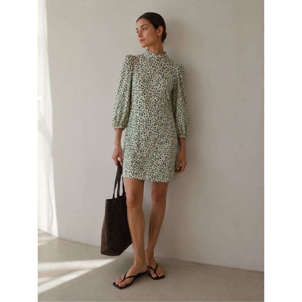 GANNI Green Floral lightweight Crepe Mini Dress Mock Neck Puff Sleeve Scandinavi
